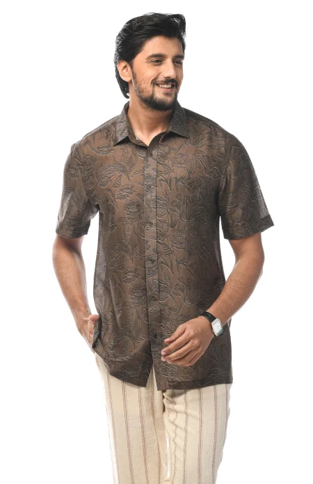 Digital Printed Cotton Half Sleeves Shirt - Brown - Image 2