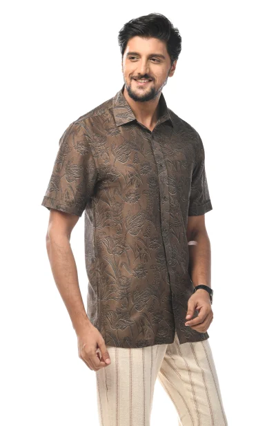 Digital Printed Cotton Half Sleeves Shirt - Brown
