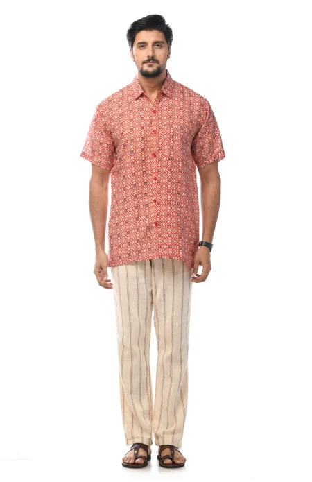 Printed Cotton Half Sleeves Shirt - Orange & White - Image 3