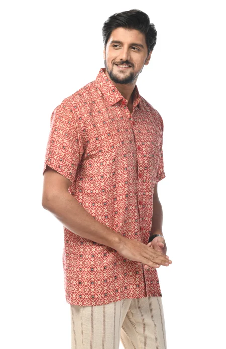 Printed Cotton Half Sleeves Shirt - Orange & White - Image 2