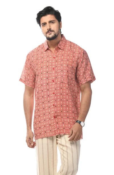 Printed Cotton Half Sleeves Shirt - Orange & White