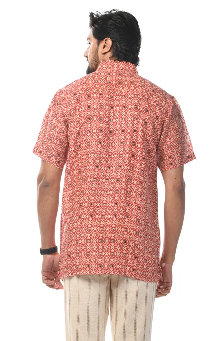 Printed Cotton Half Sleeves Shirt - Orange & White - Image 4