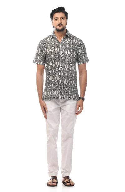 Printed Cotton Half Sleeves Shirt - Black