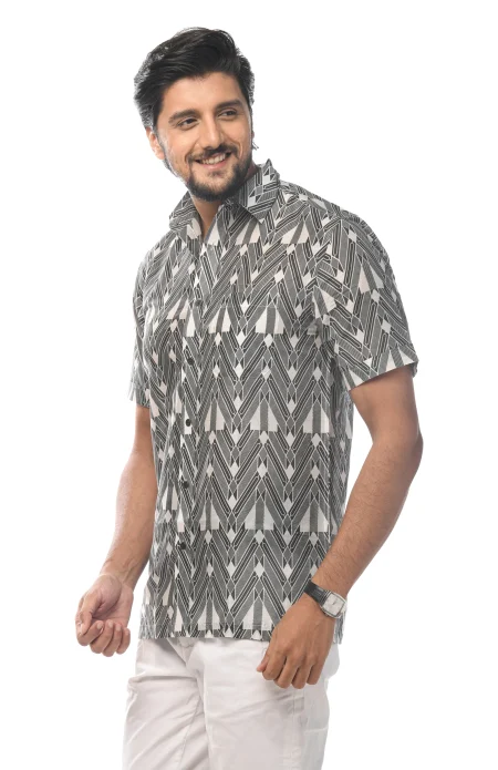 Printed Cotton Half Sleeves Shirt - Black - Image 2