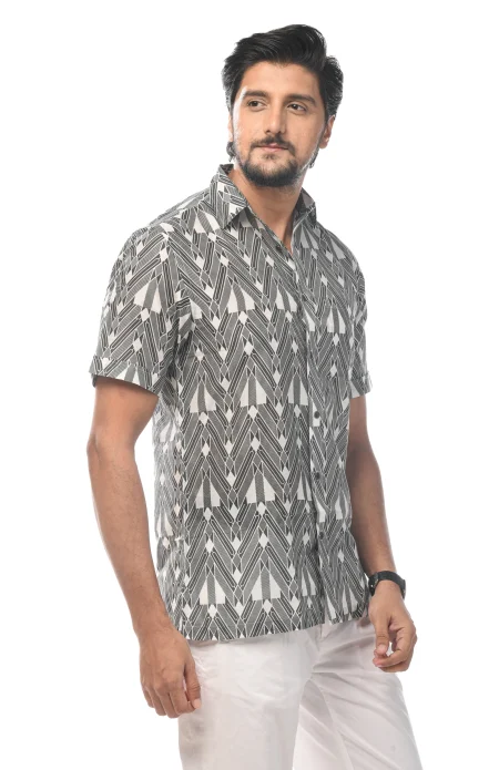 Printed Cotton Half Sleeves Shirt - Black - Image 4