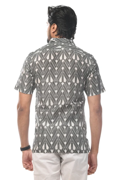 Printed Cotton Half Sleeves Shirt - Black - Image 3