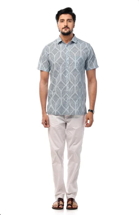 Printed Cotton Half Sleeves Shirt - Blue - Image 4
