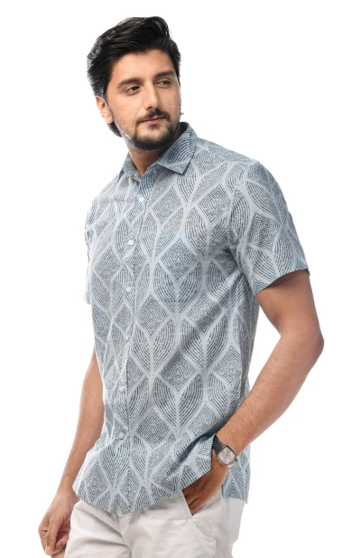 Printed Cotton Half Sleeves Shirt - Blue