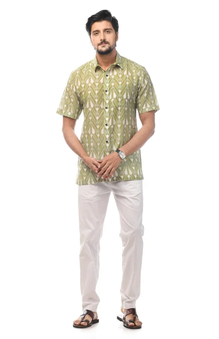 Printed Cotton Half Sleeves Shirt - Green - Image 2
