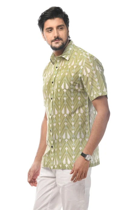 Printed Cotton Half Sleeves Shirt - Green - Image 3