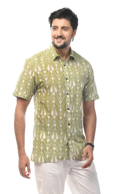 Printed Cotton Half Sleeves Shirt - Green