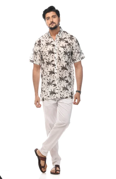 Printed Cotton Half Sleeves Shirt - White & Brown