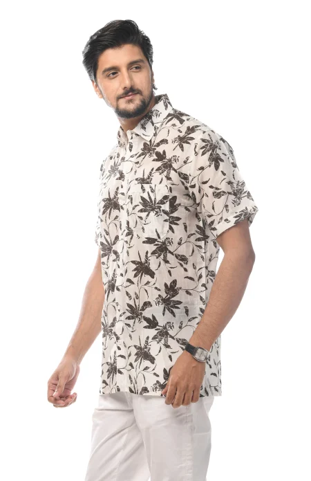 Printed Cotton Half Sleeves Shirt - White & Brown - Image 3