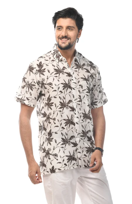 Printed Cotton Half Sleeves Shirt - White & Brown - Image 2