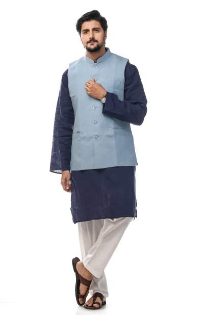 Linen 3 Panel Handloom Jacket - Blue