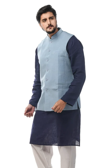 Linen 3 Panel Handloom Jacket - Blue - Image 3