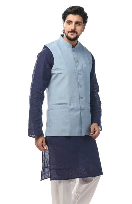 Linen 3 Panel Handloom Jacket - Blue - Image 2