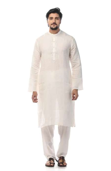 Embroidered Linen Kurta - White - Image 3