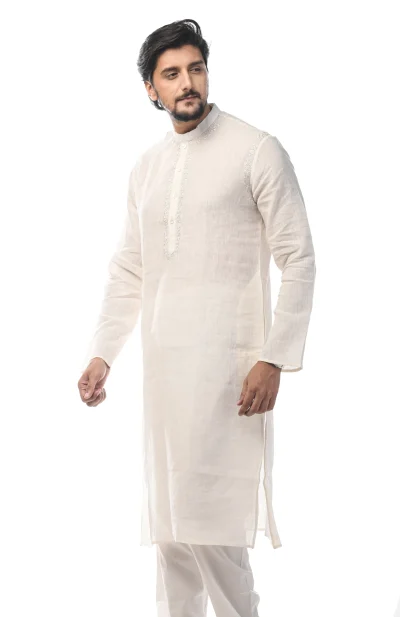 Embroidered Linen Kurta - White
