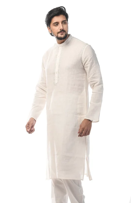 Embroidered Linen Kurta - White