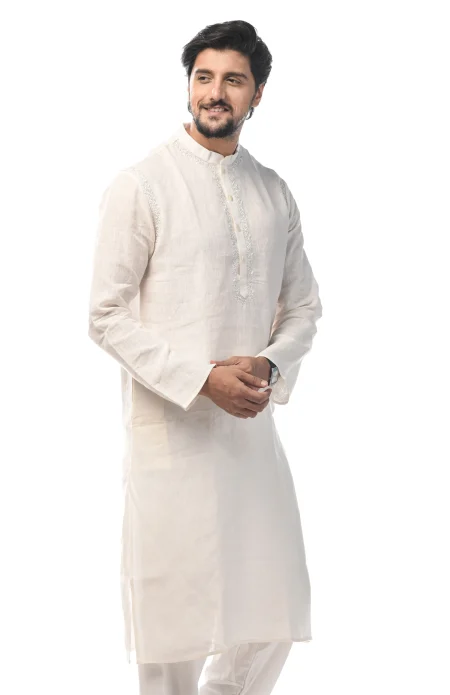 Embroidered Linen Kurta - White - Image 2