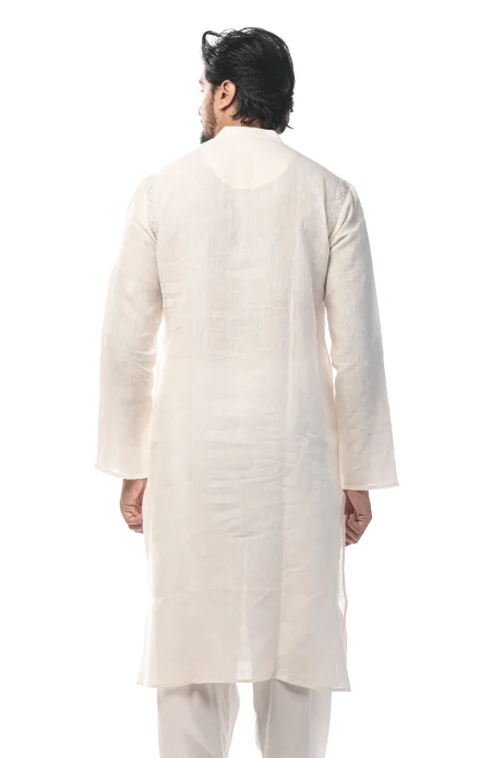 Embroidered Linen Kurta - White - Image 4