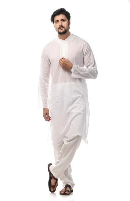 400s Muslin Embroidered Kurta - White