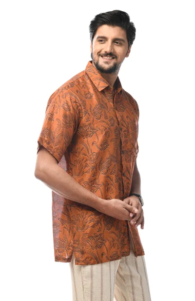 Digital Printed Cotton Half Sleeves Shirt - Rust