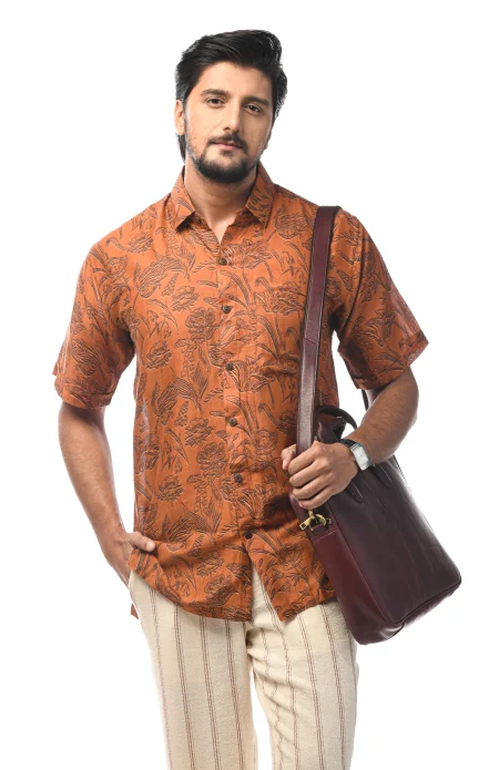 Digital Printed Cotton Half Sleeves Shirt - Rust - Image 3