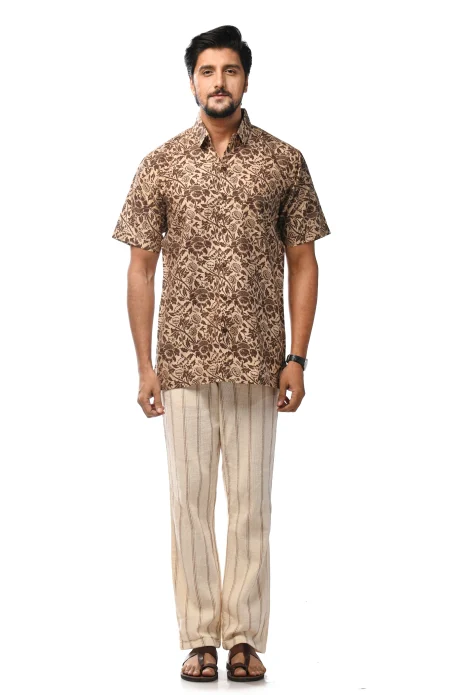 Printed Cotton Half Sleeves Shirt - Brown - Image 4