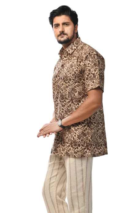 Printed Cotton Half Sleeves Shirt - Brown - Image 2