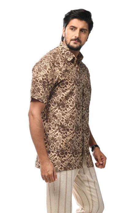 Printed Cotton Half Sleeves Shirt - Brown