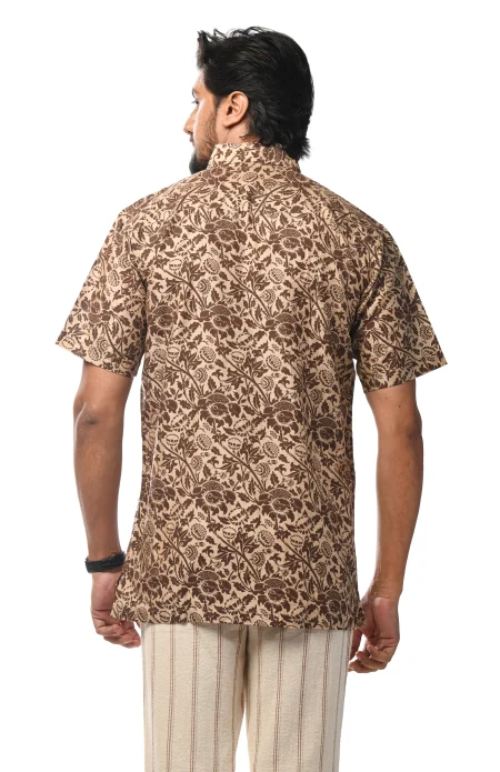 Printed Cotton Half Sleeves Shirt - Brown - Image 3
