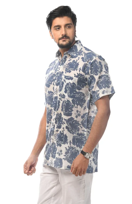 Printed Cotton Half Sleeves Shirt - Blue & White - Image 3