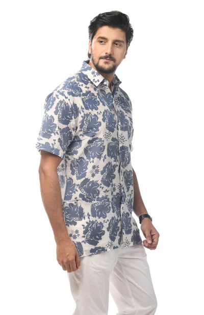 Printed Cotton Half Sleeves Shirt - Blue & White