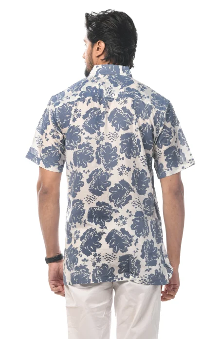 Printed Cotton Half Sleeves Shirt - Blue & White - Image 2