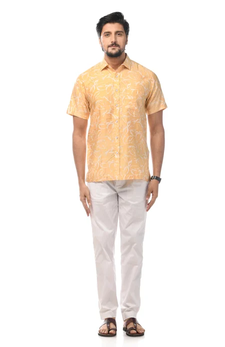 Printed Silk Excel Half Sleeves Shirt - Light Yellow - Image 4