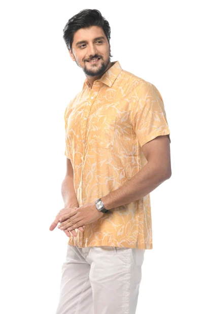 Printed Silk Excel Half Sleeves Shirt - Light Yellow