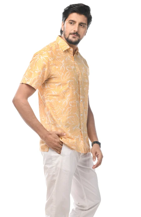 Printed Silk Excel Half Sleeves Shirt - Light Yellow - Image 2