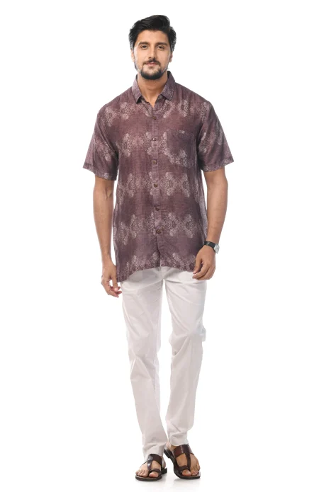 Digital Printed Cotton Half Sleeves Shirt - Violet - Image 4