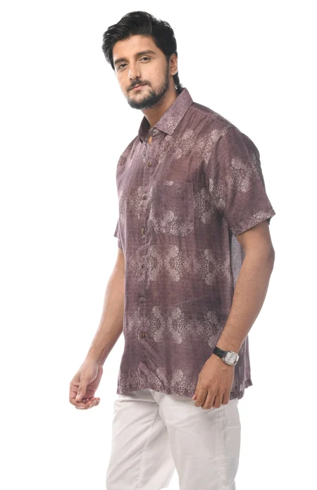 Digital Printed Cotton Half Sleeves Shirt - Violet - Image 2