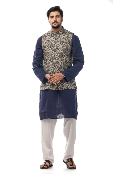 Printed Tussar Silk Handloom Jacket - Beige - Image 2
