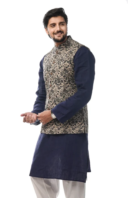 Printed Tussar Silk Handloom Jacket - Beige - Image 3