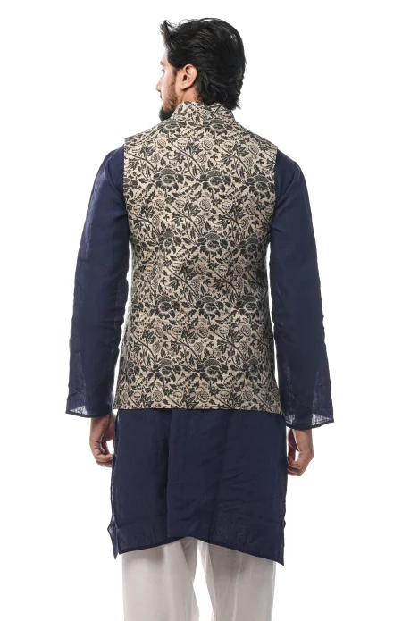 Printed Tussar Silk Handloom Jacket - Beige - Image 4
