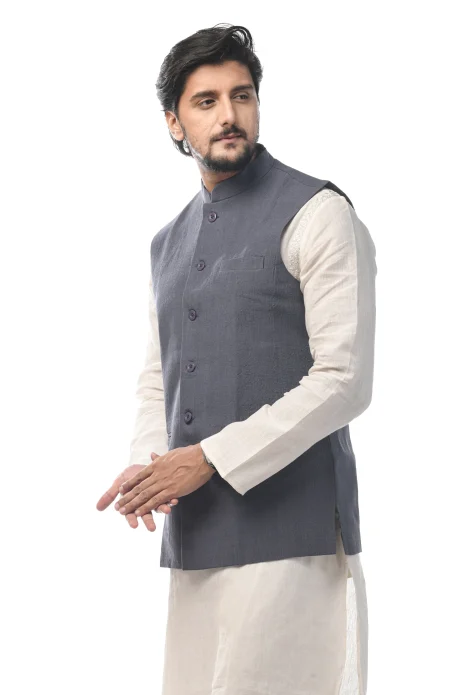 Linen 3 Panel Handloom Jacket - Grey - Image 2
