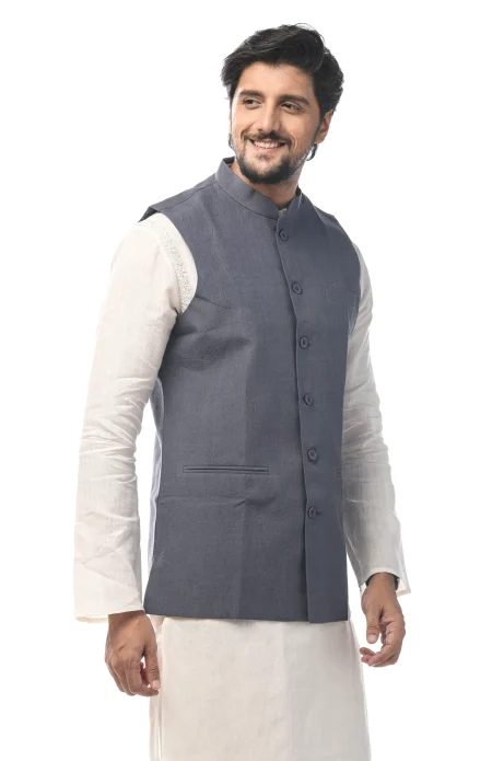 Linen 3 Panel Handloom Jacket - Grey - Image 3