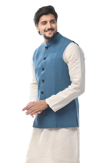 Linen 3 Panel Handloom Jacket - Indigo - Image 2