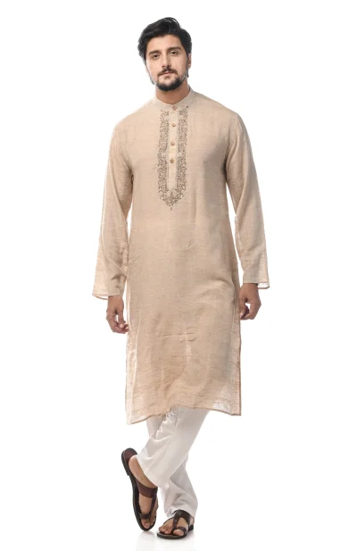Hand Embroidered Cotton Tussar Kurta - Natural Colour