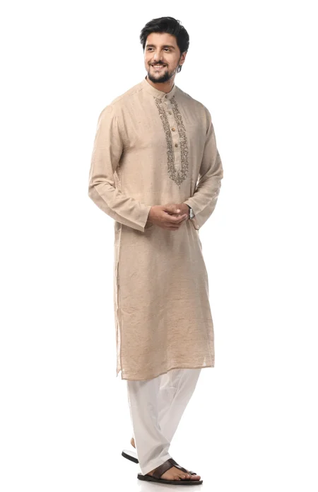 Hand Embroidered Cotton Tussar Kurta - Natural Colour - Image 3