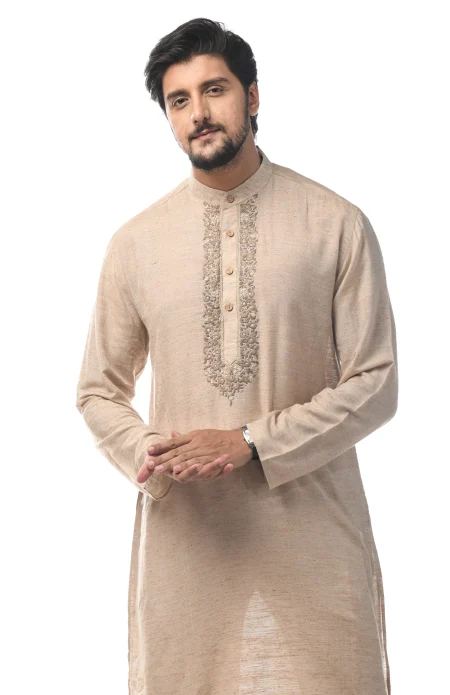 Hand Embroidered Cotton Tussar Kurta - Natural Colour - Image 2